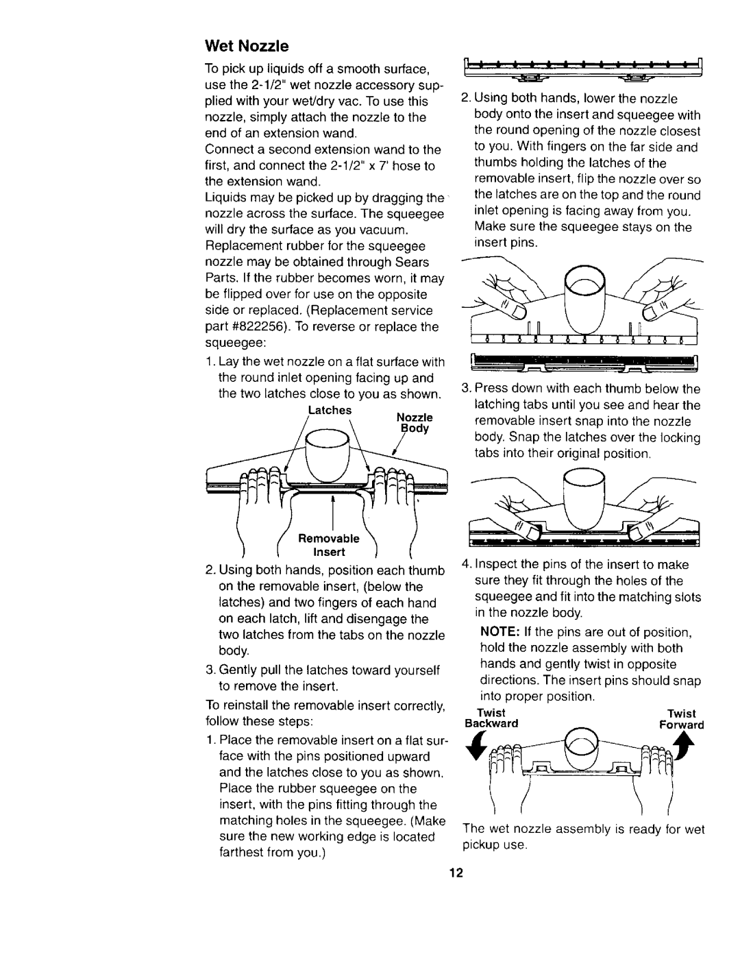 Sears 113.177035 owner manual Wet Nozzle, Removable Insert 