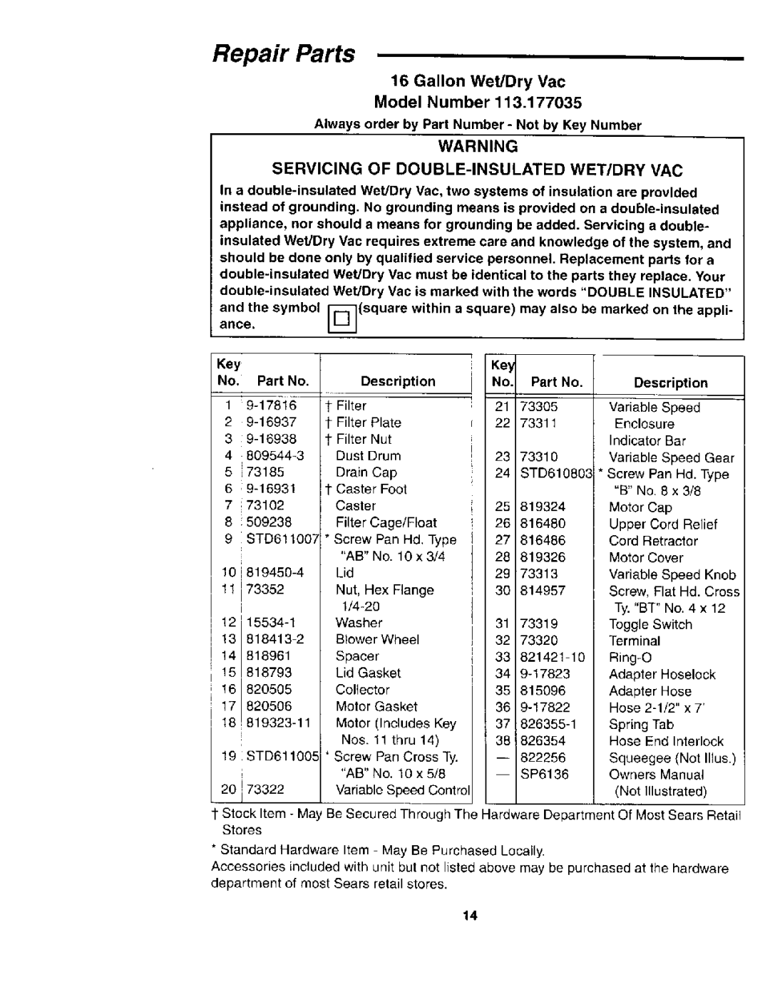 Sears 113.177035 owner manual Repair Parts, Always order by Part Number Not by Key Number, 73305, 73311 