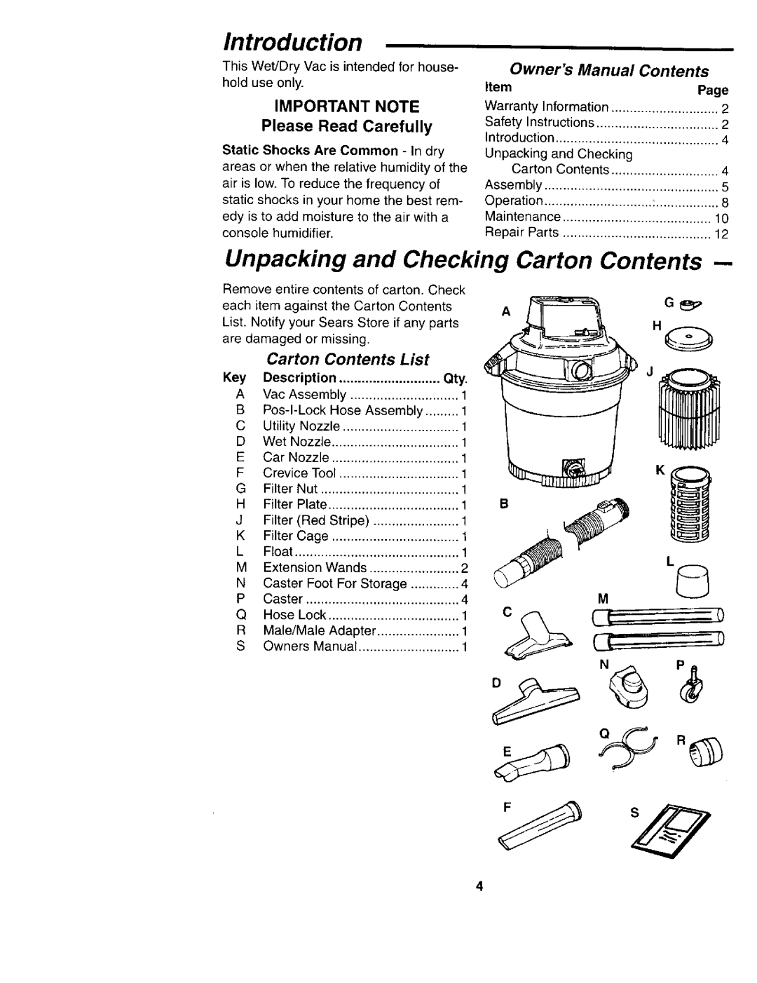Sears 113.177035 owner manual Introduction, Unpacking Checking Carton Contents 
