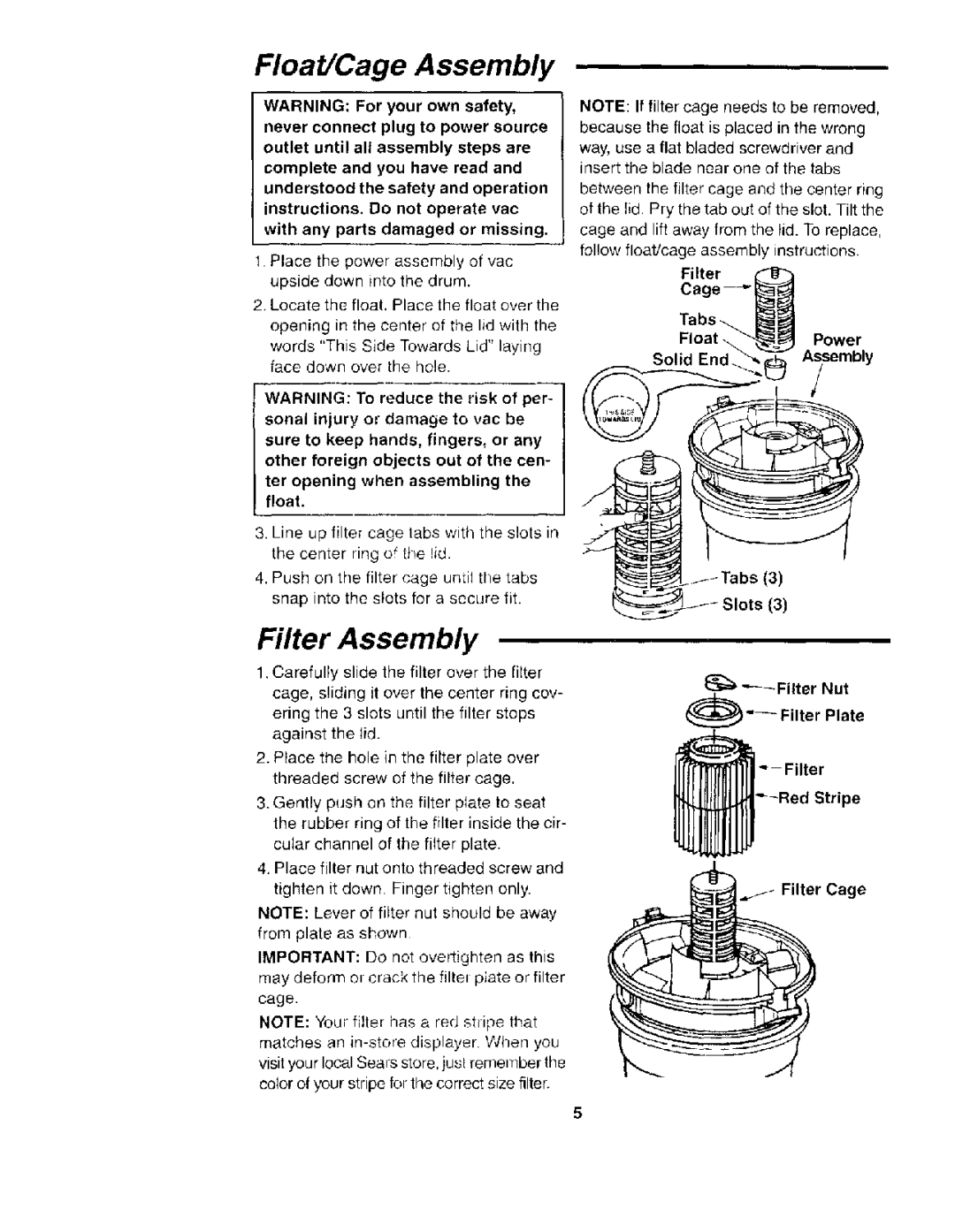 Sears 113.177035 owner manual Float/Cage Assembly, Filter Assembly 