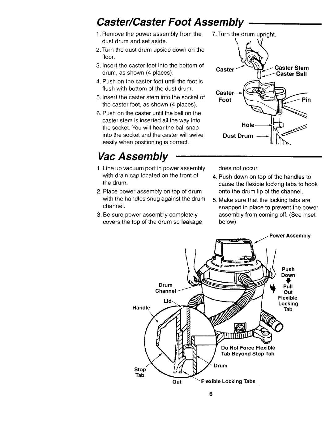 Sears 113.177035 owner manual Caster/Caster Foot Assembly, Vac Assembly, Caster Stem Ball Foot Dust Drum, Handle, Tab 