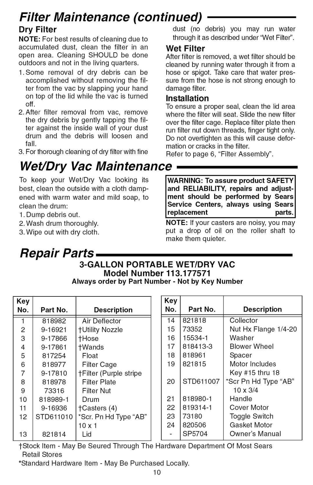 Sears 113.177571 owner manual Wet/Dry Vac Maintenance, Repair Parts, Dry Filter, Gallon Portable WET/DRY VAC, Model Number 