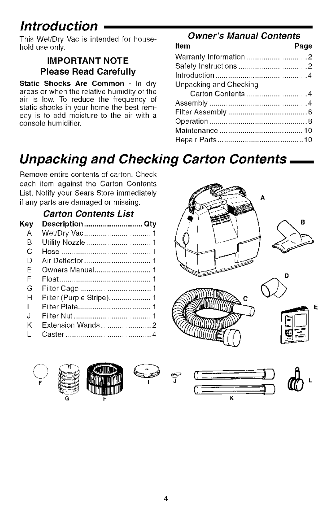 Sears 113.177571 owner manual Unpacking and Checking, Carton Contents 