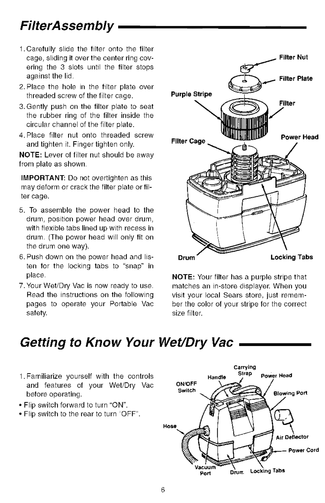 Sears 113.177571 owner manual FilterAssembly, Getting to Know Your Wet/Dry Vac, Purple Stripe 