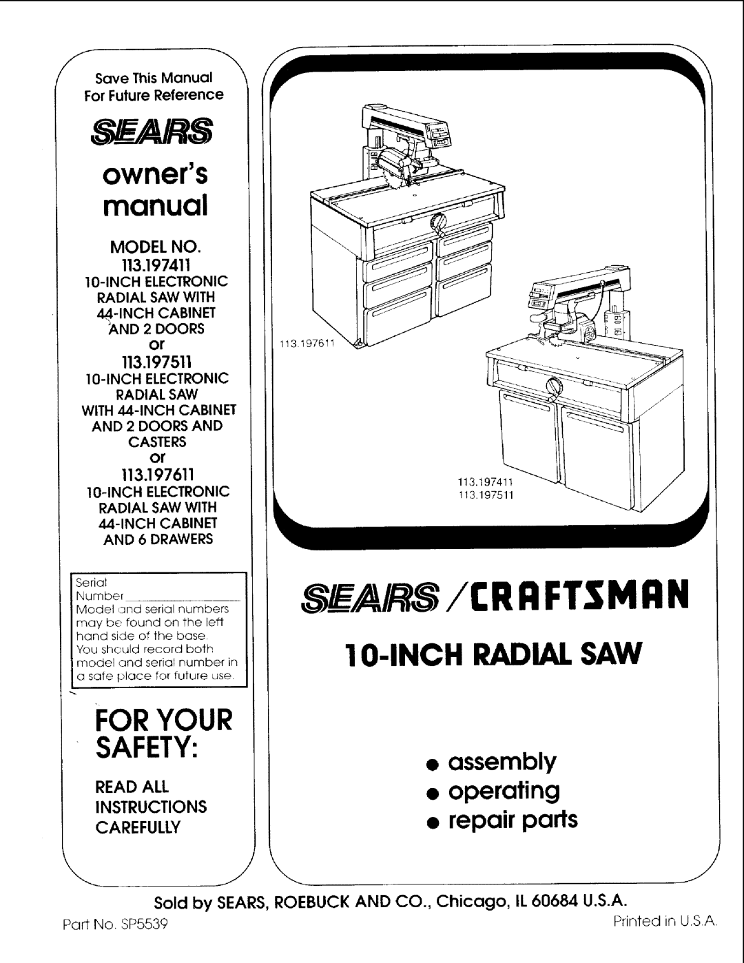 Sears 113.197511, 113.197411 owner manual 113.197611, Part No. SP5539 