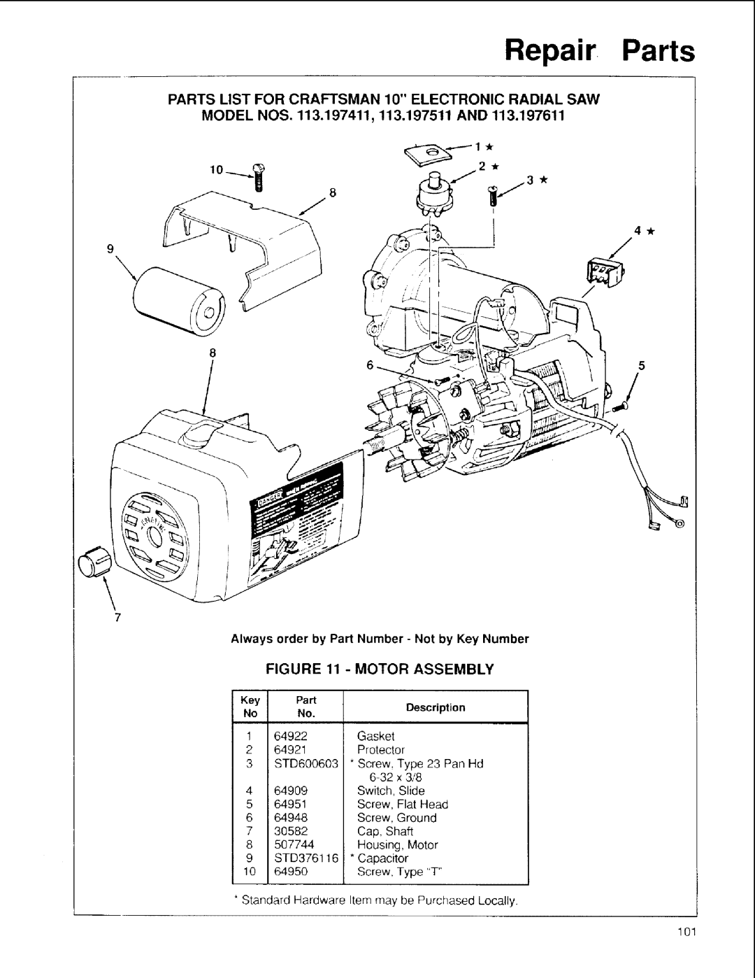 Sears 113.197411, 113.197611, 113.197511 owner manual Motor Assembly 