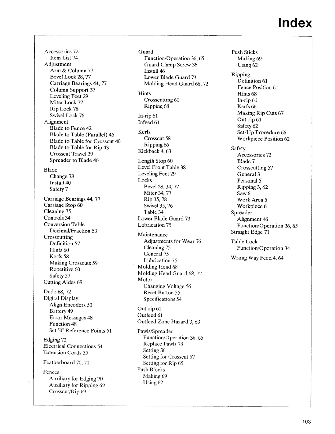 Sears 113.197511, 113.197611, 113.197411 owner manual Index 