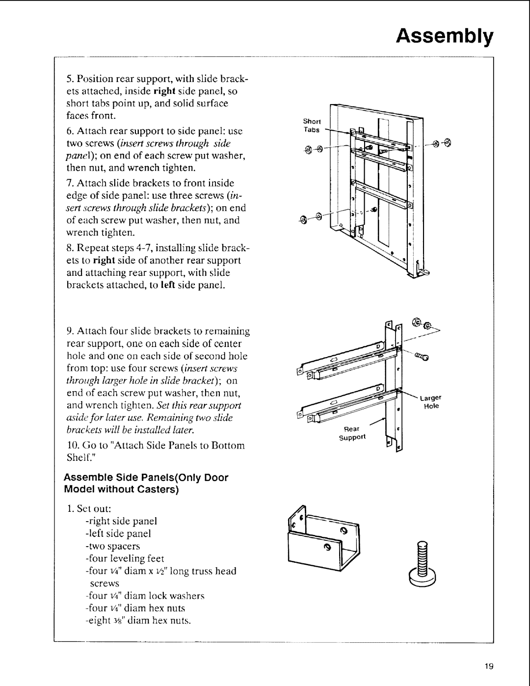 Sears 113.197511, 113.197611, 113.197411 owner manual Assemble Side PanelsOnly Door Model without Casters 