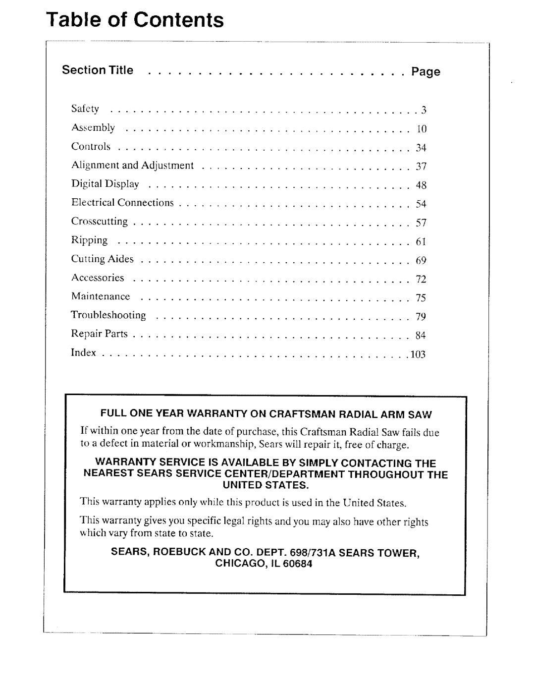 Sears 113.197411, 113.197611, 113.197511 owner manual Contents 