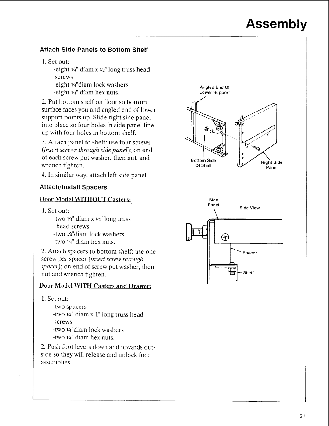 Sears 113.197611, 113.197511, 113.197411 owner manual Attach Side Panels to Bottom Shelf, Attach/Install Spacers 