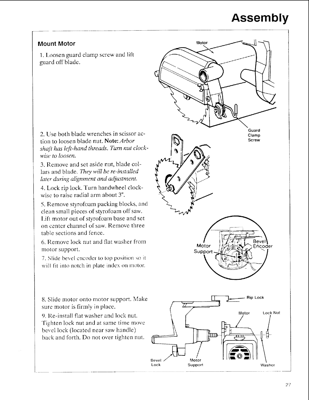 Sears 113.197611, 113.197511, 113.197411 owner manual Mount Motor, Shaft has left-hand threa&. Turn nut clock- wise to loosen 