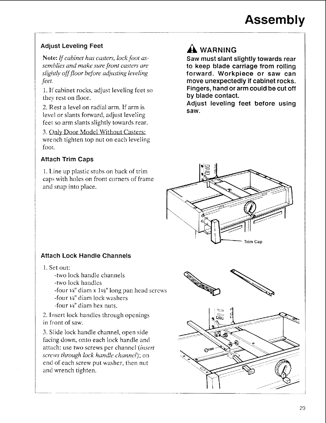 Sears 113.197411, 113.197611, 113.197511 owner manual Adjust Leveling Feet, Attach Trim Caps 