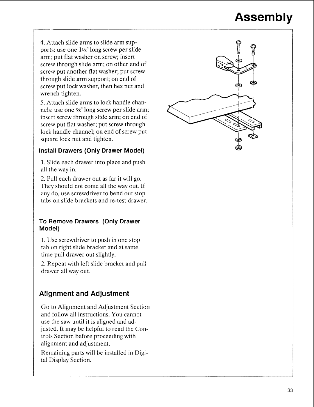 Sears 113.197611 Alignment and Adjustment, Install Drawers Only Drawer Model, To Remove Drawers Only Drawer Model 