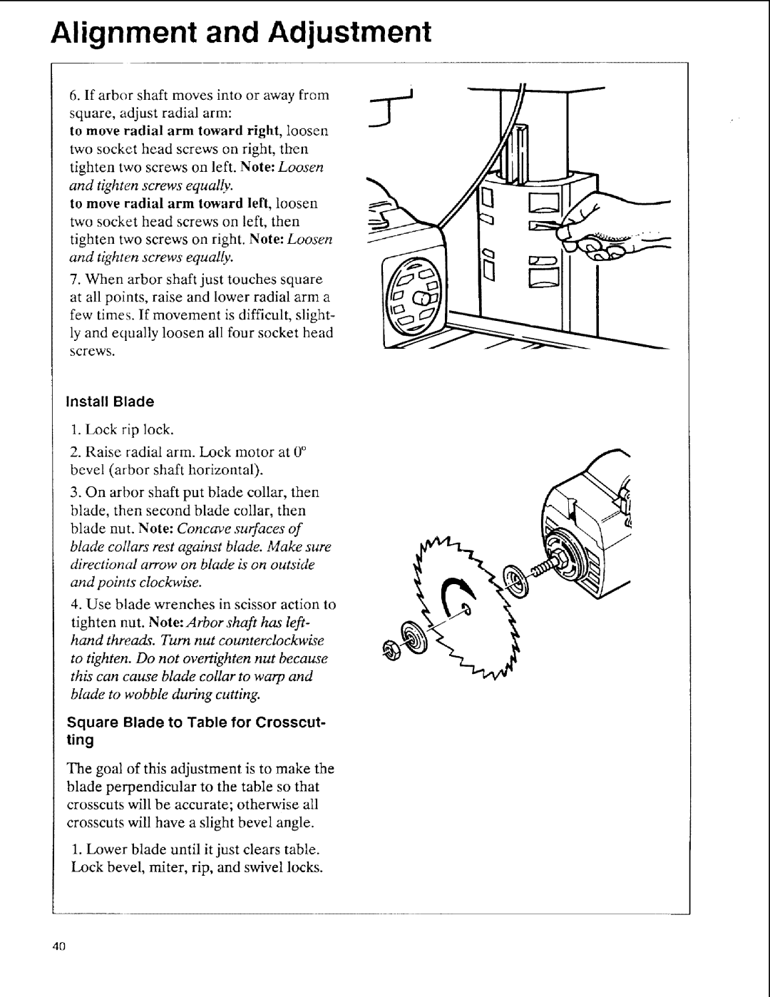 Sears 113.197511, 113.197611, 113.197411 owner manual Install Blade, Square Blade to Table for Crosscut- ting 