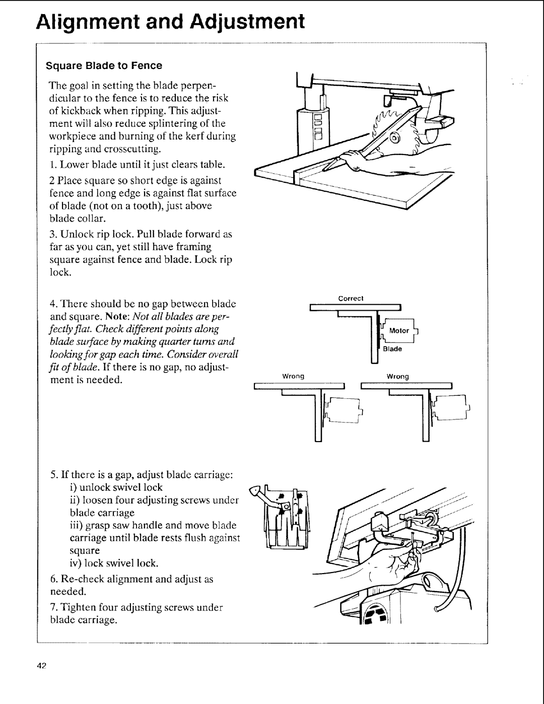 Sears 113.197611, 113.197511, 113.197411 owner manual Alignment and Adjustment, Square Blade to Fence 