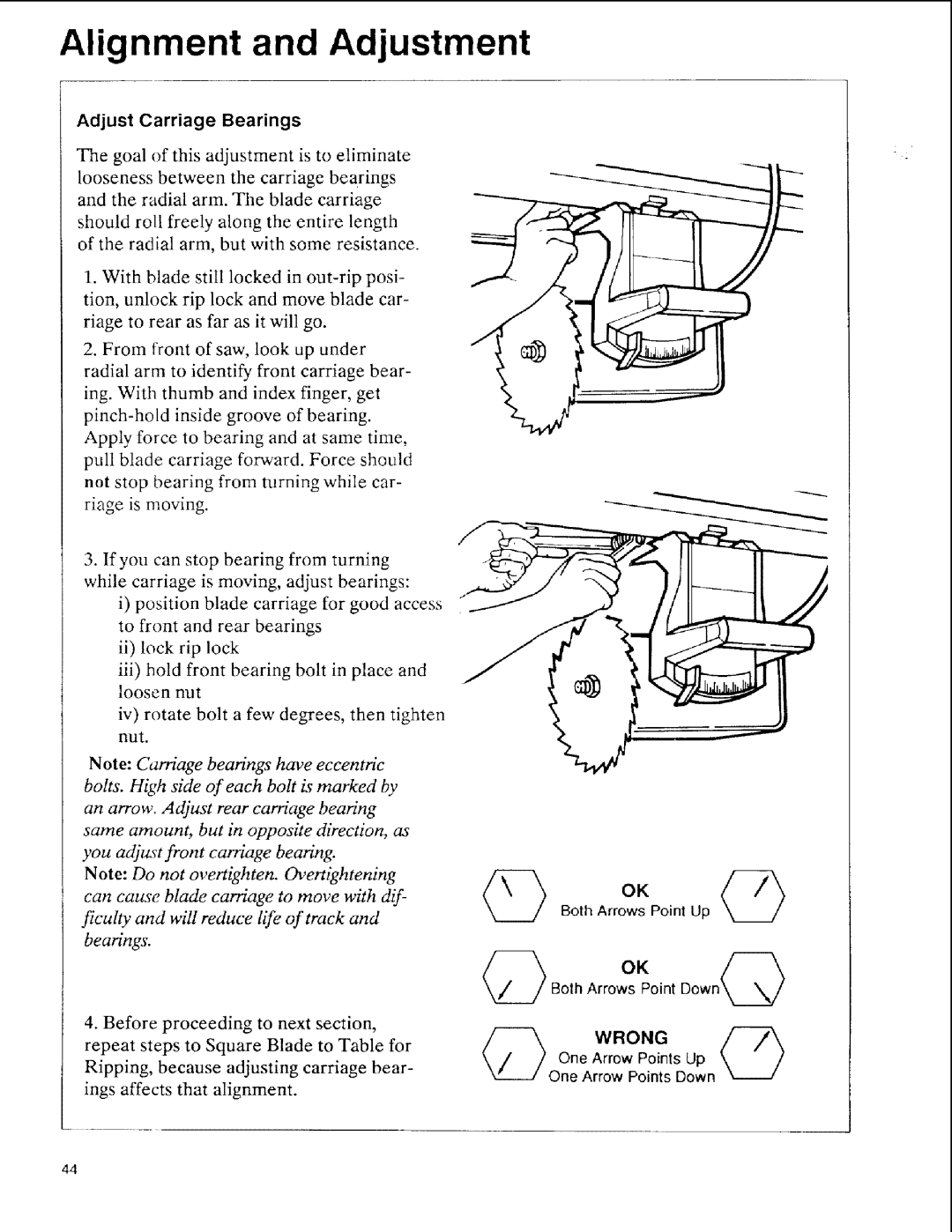 Sears 113.197411, 113.197611, 113.197511 owner manual Adjust Carriage Bearings 