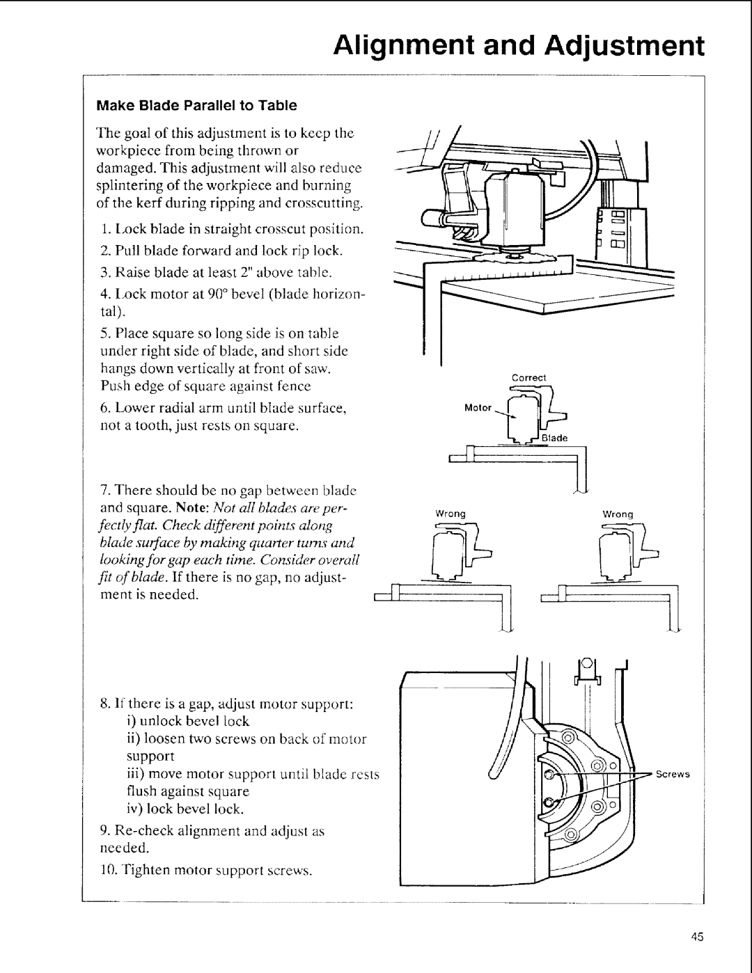 Sears 113.197611, 113.197511, 113.197411 owner manual Make Blade Parallel to Table 