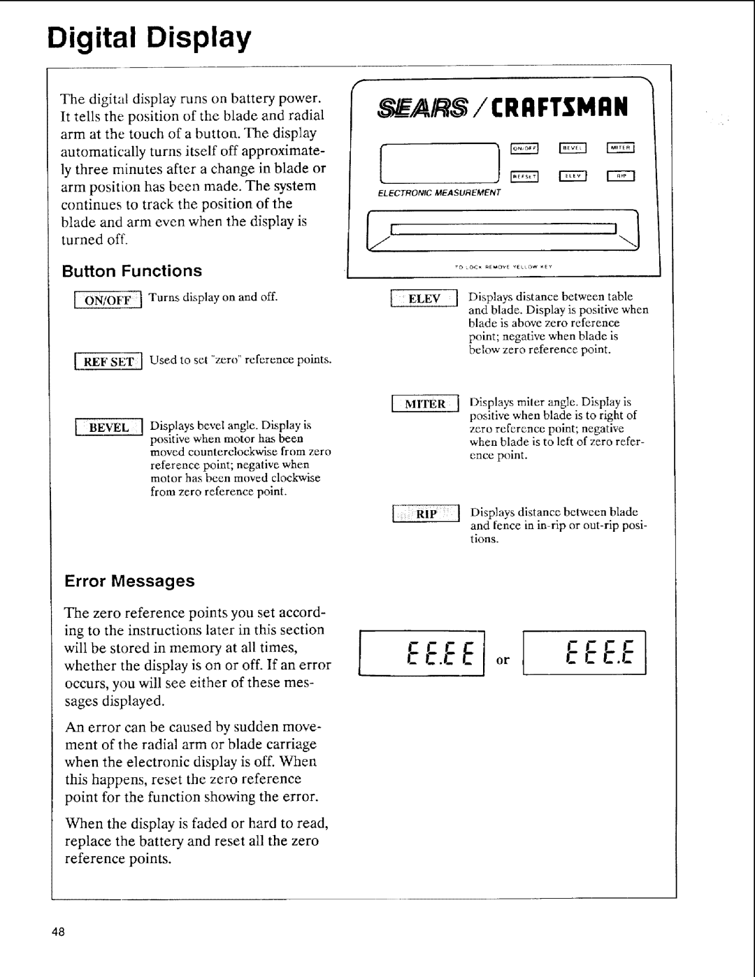 Sears 113.197611, 113.197511, 113.197411 owner manual Digital Display, Error Messages, Button Functions, =73 