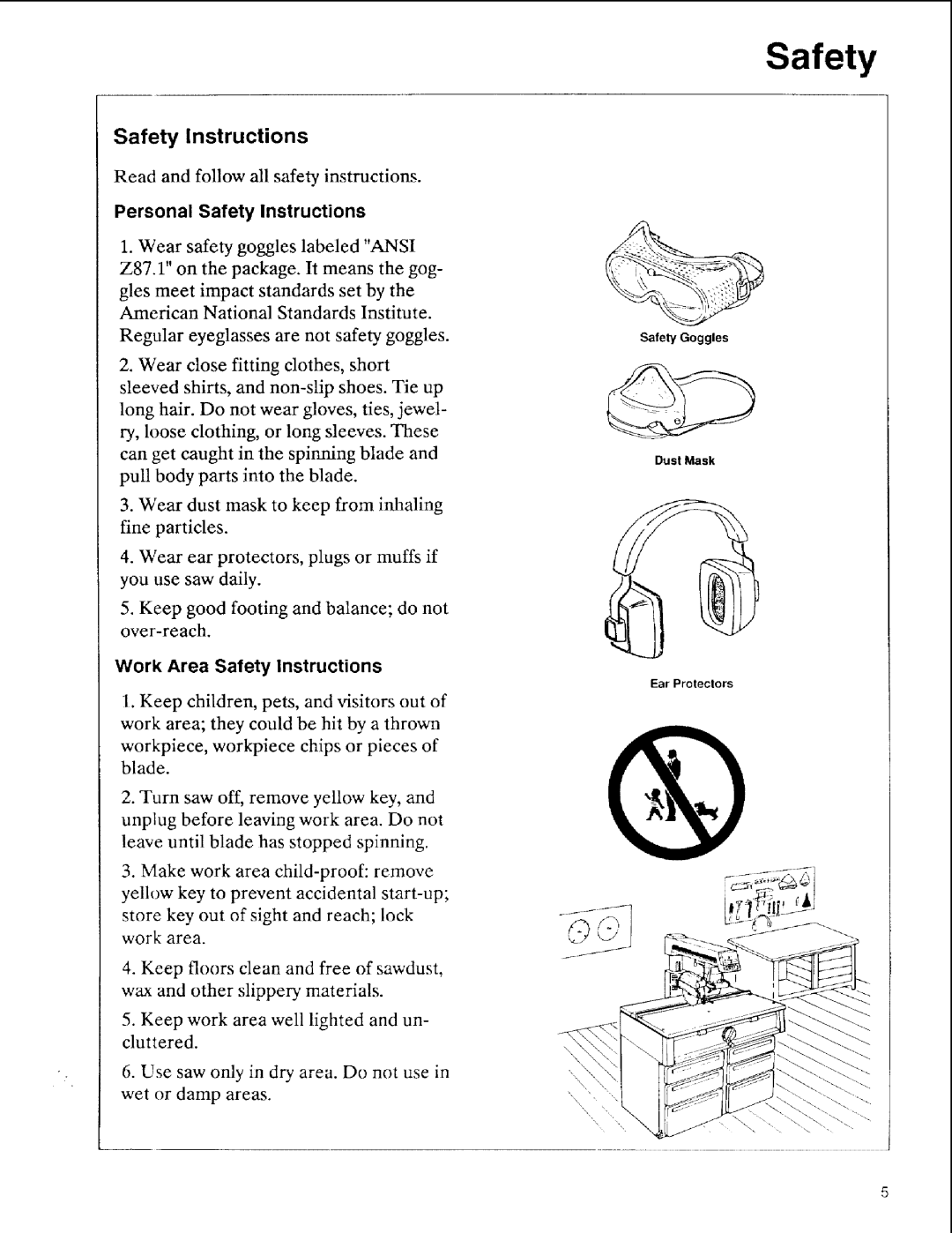 Sears 113.197411, 113.197611, 113.197511 owner manual Personal Safety Instructions, Work Area Safety Instructions 