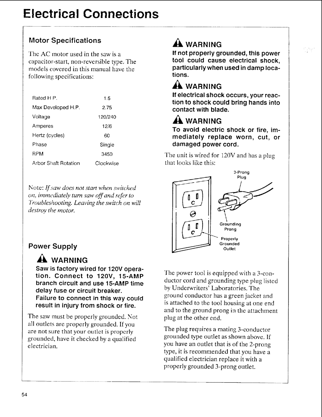 Sears 113.197611, 113.197511, 113.197411 owner manual Motor Specifications, Power Supply 