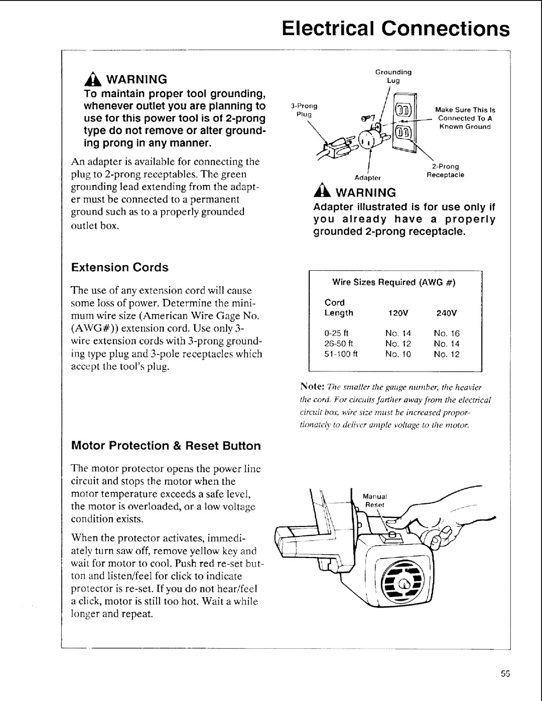 Sears 113.197511, 113.197611, 113.197411 owner manual Electrical Connections, Motor Protection & Reset Button 