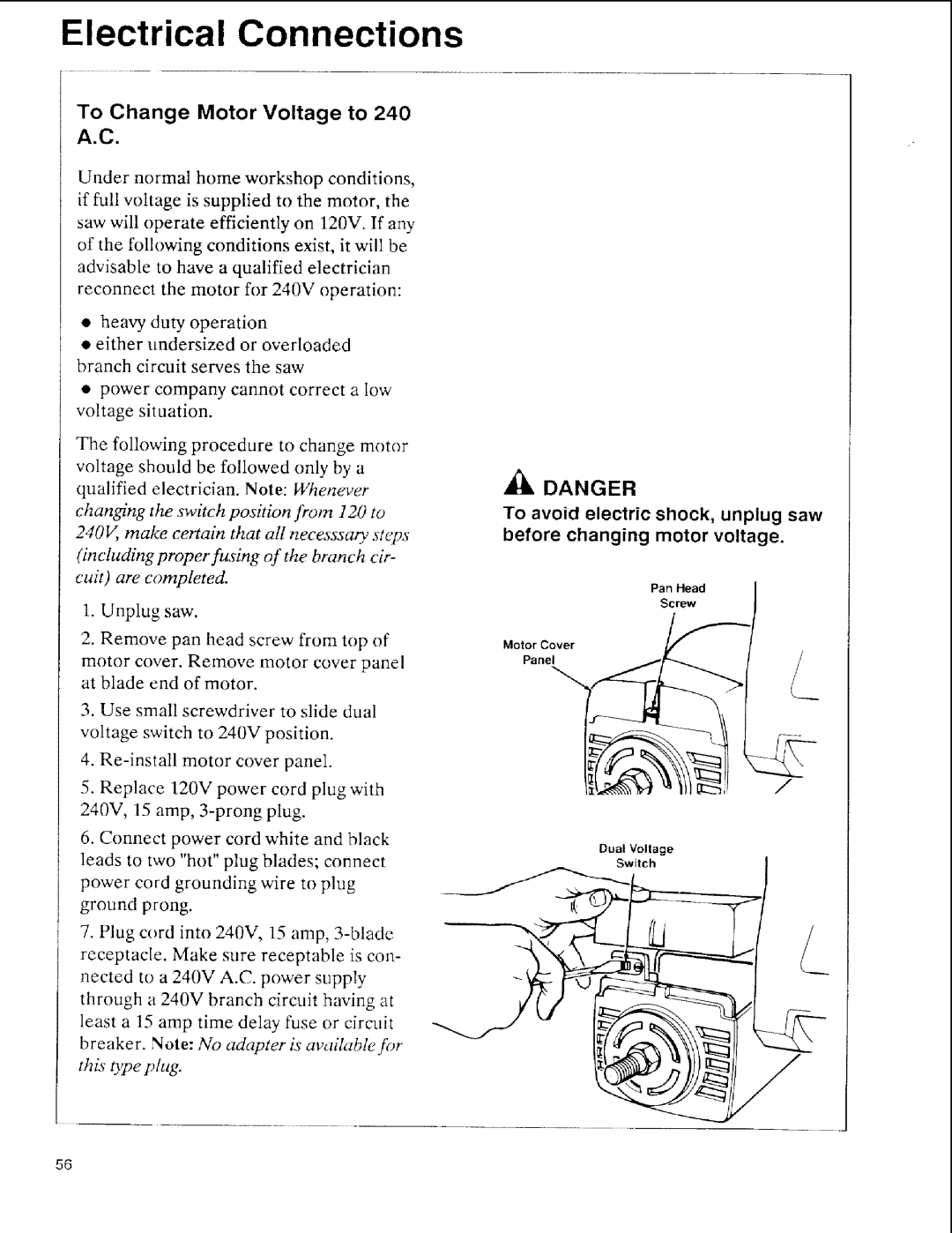 Sears 113.197411 To Change Motor Voltage to 240 A.C, To avoid electric shock, unplug saw, Before changing Motor voltage 