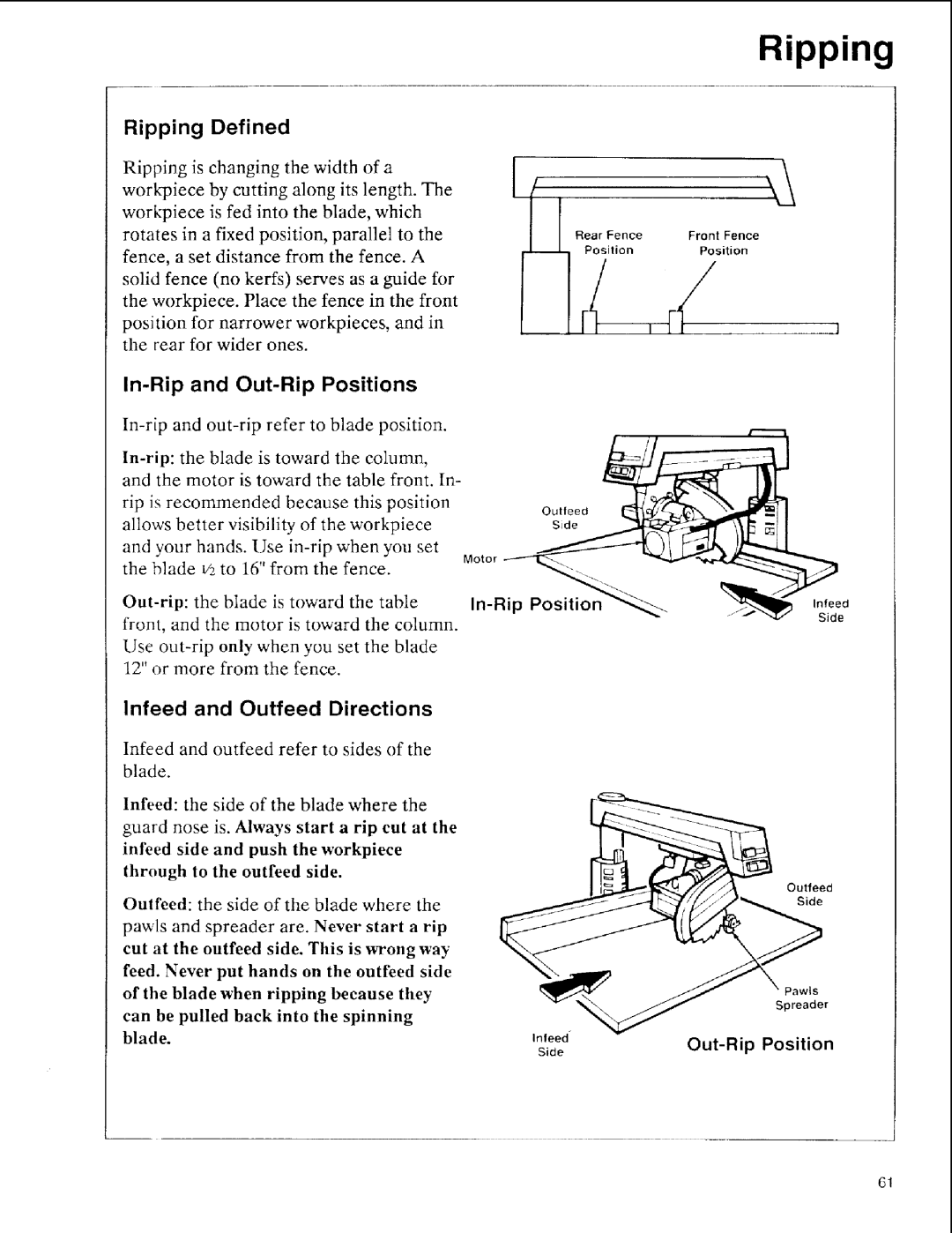 Sears 113.197511, 113.197611, 113.197411 Ripping Defined, In-Rip and Out-Rip Positions, Infeed and Outfeed Directions 