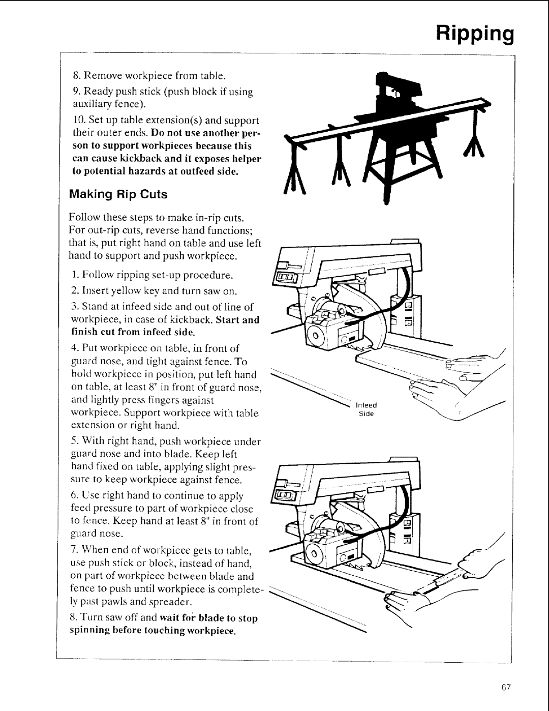 Sears 113.197511, 113.197611, 113.197411 owner manual Making Rip Cuts, Inleed 