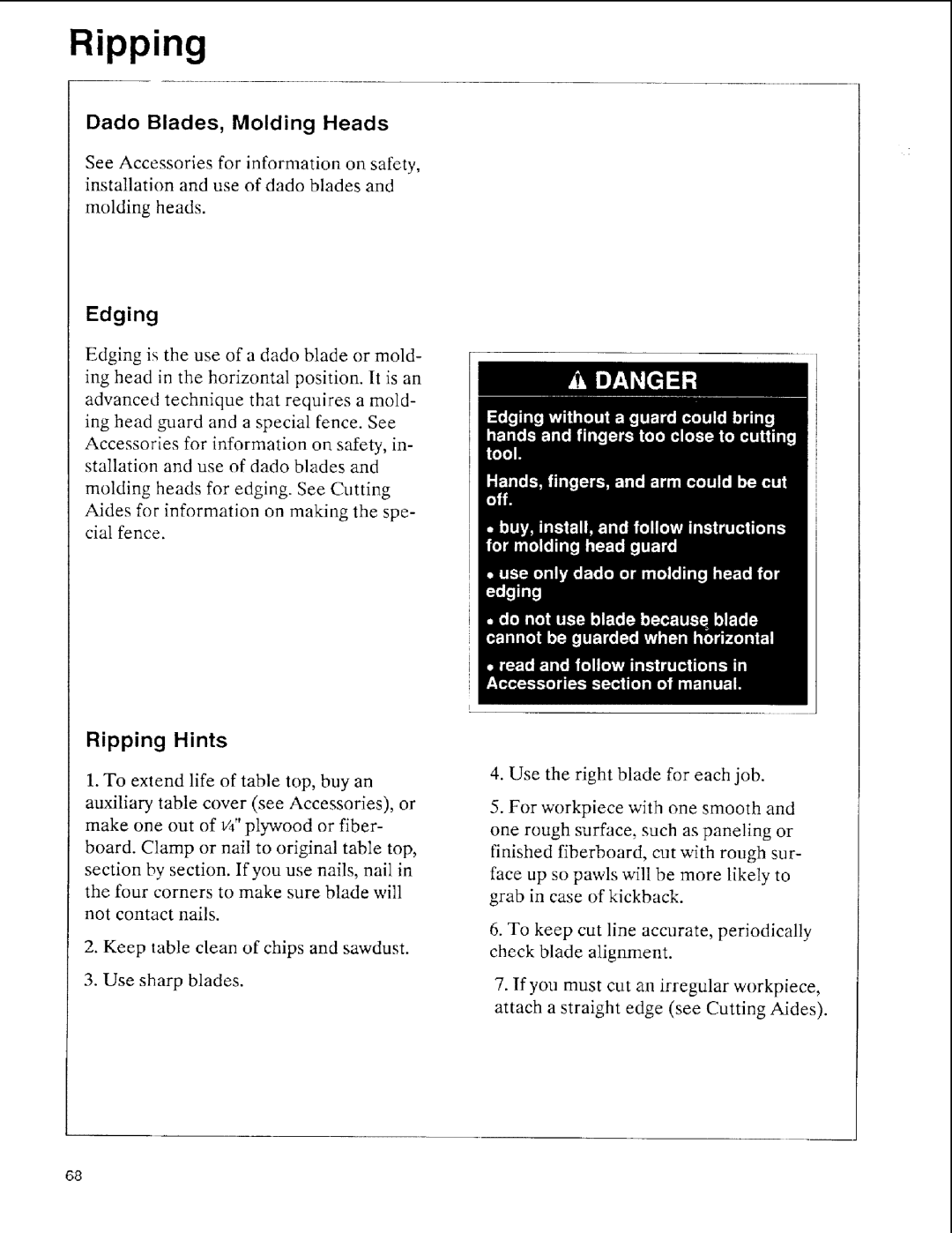 Sears 113.197411, 113.197611, 113.197511 owner manual Ripping Hints, Dado Blades, Molding Heads 