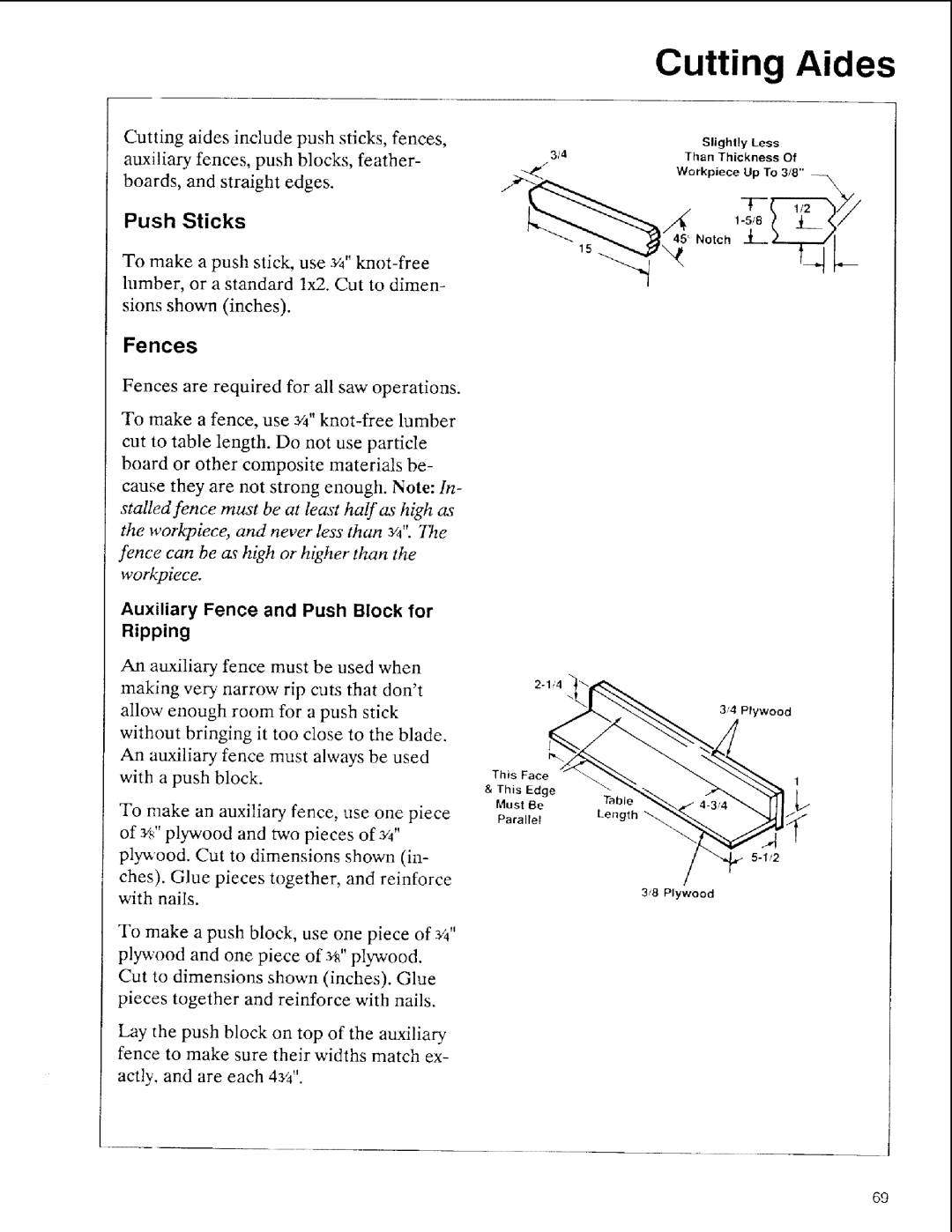 Sears 113.197611, 113.197511, 113.197411 Cutting Aides, Fences, Push Sticks, Auxiliary Fence and Push Block for Ripping 