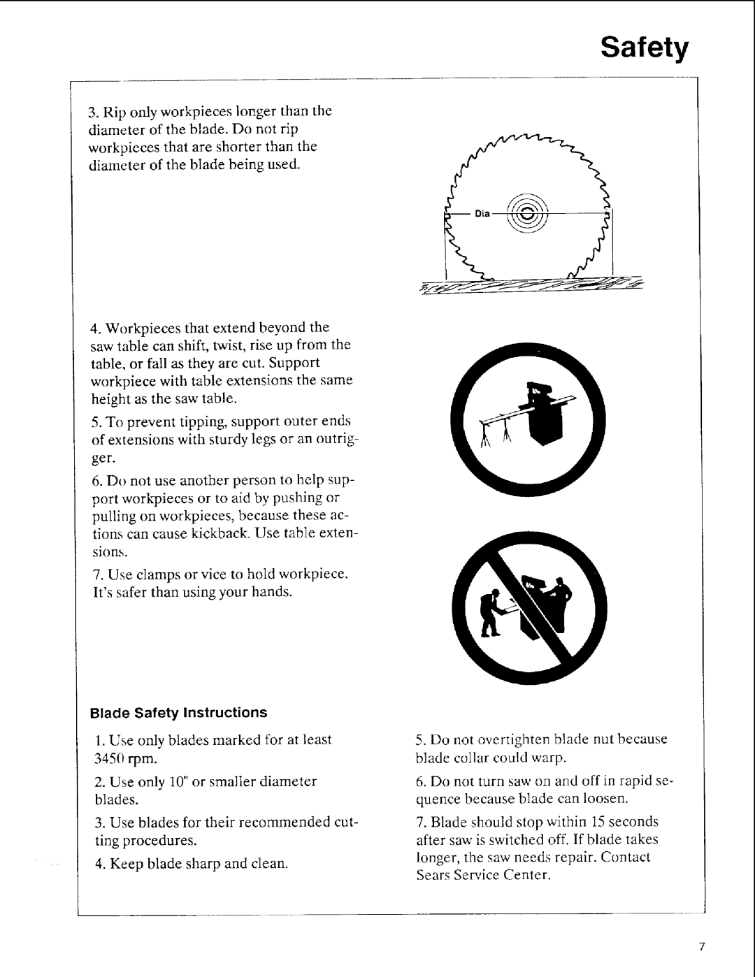 Sears 113.197511, 113.197611, 113.197411 owner manual Blade Safety Instructions 