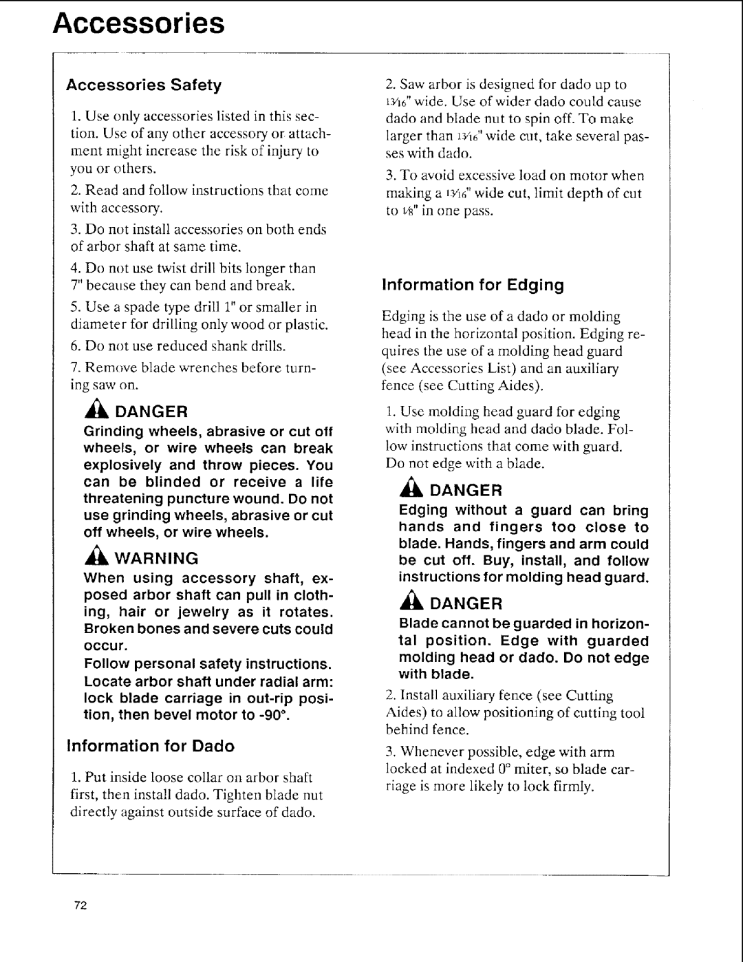 Sears 113.197611, 113.197511, 113.197411 owner manual Accessories Safety, Information for Dado, Information for Edging 