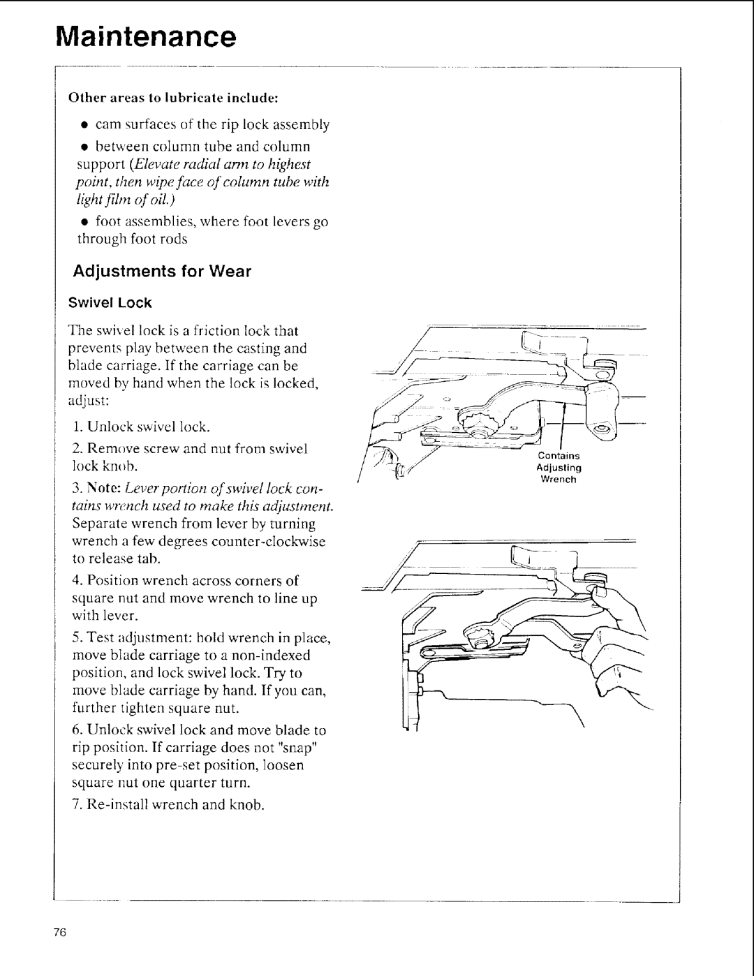 Sears 113.197511, 113.197611, 113.197411 owner manual Adjustments for Wear, Remove screw and nut from swivel lock knob 