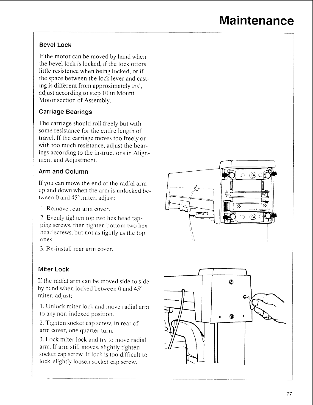 Sears 113.197411, 113.197611, 113.197511 owner manual Carriage Bearings, Arm and Column 