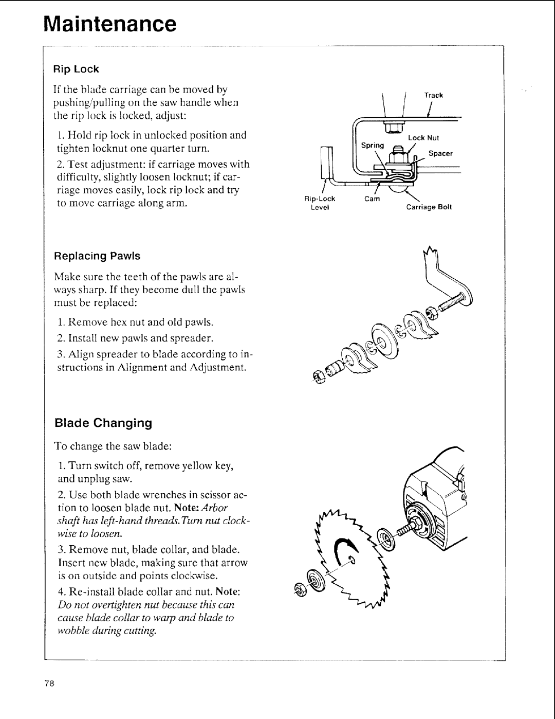 Sears 113.197611, 113.197511, 113.197411 owner manual Blade Changing, Replacing Pawls 