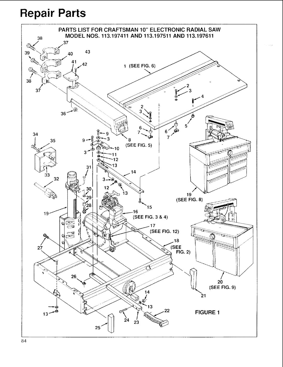 Sears 113.197611, 113.197411 owner manual Repair Parts, Model NOS .197411 and 113.197511 