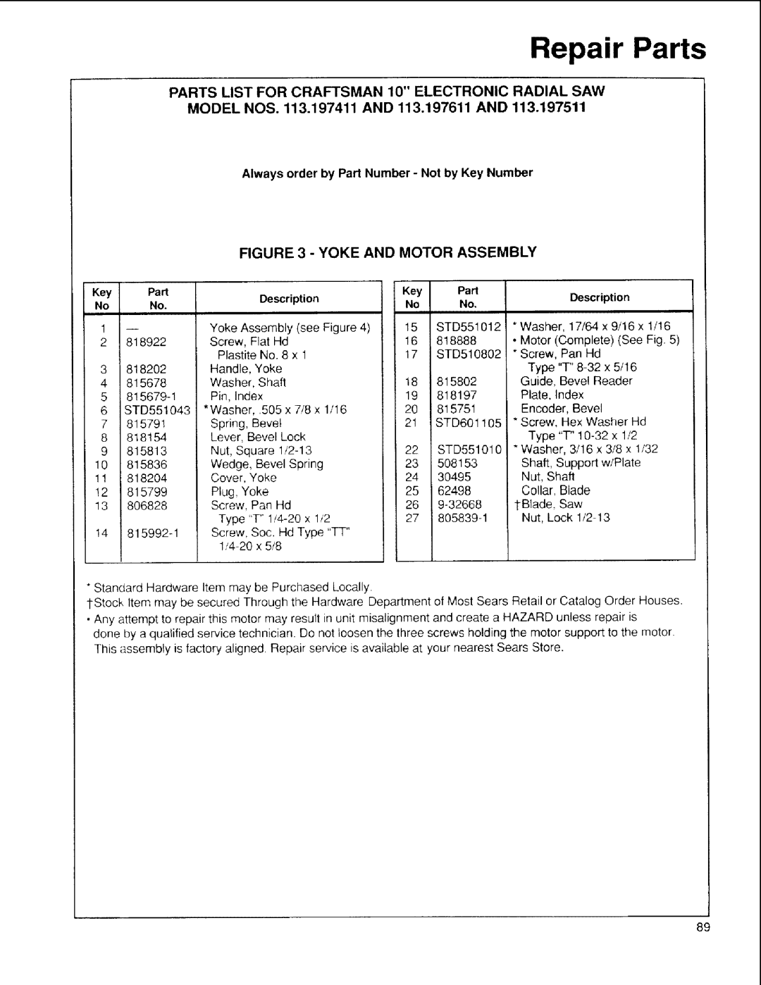 Sears 113.197411, 113.197511 Parts List for Craftsman 10 Electronic Radial SAW, Model NOS .197411 and 113.197611 