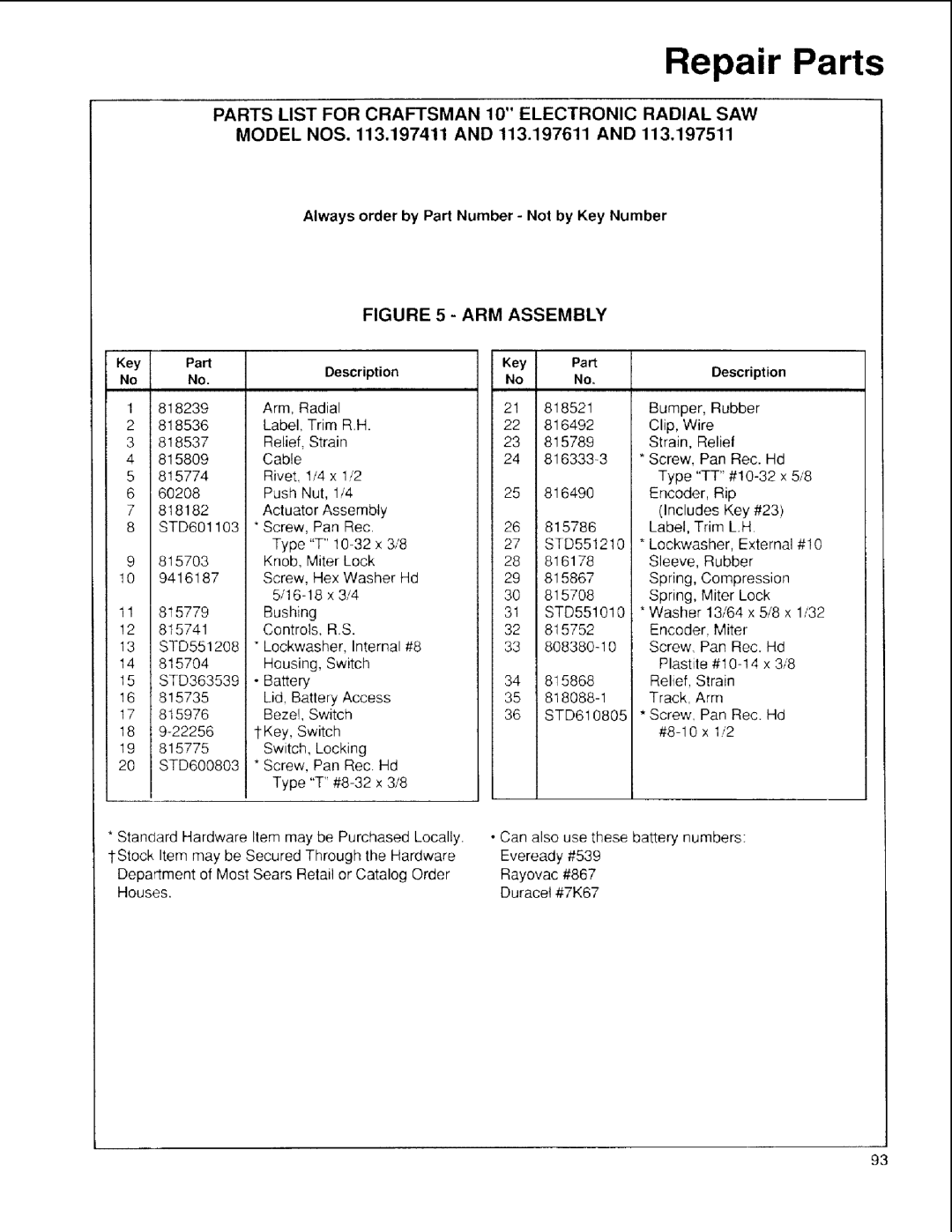 Sears 113.197611, 113.197511, 113.197411 owner manual ARM Assembly 