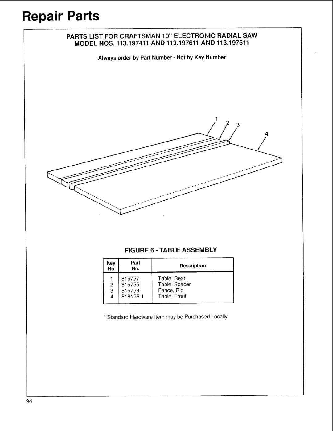 Sears 113.197511, 113.197611, 113.197411 owner manual Table Assembly 