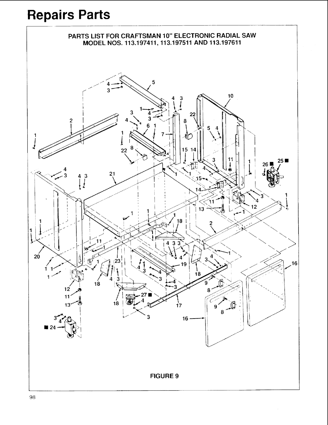 Sears 113.197411, 113.197611, 113.197511 owner manual Repairs Parts 