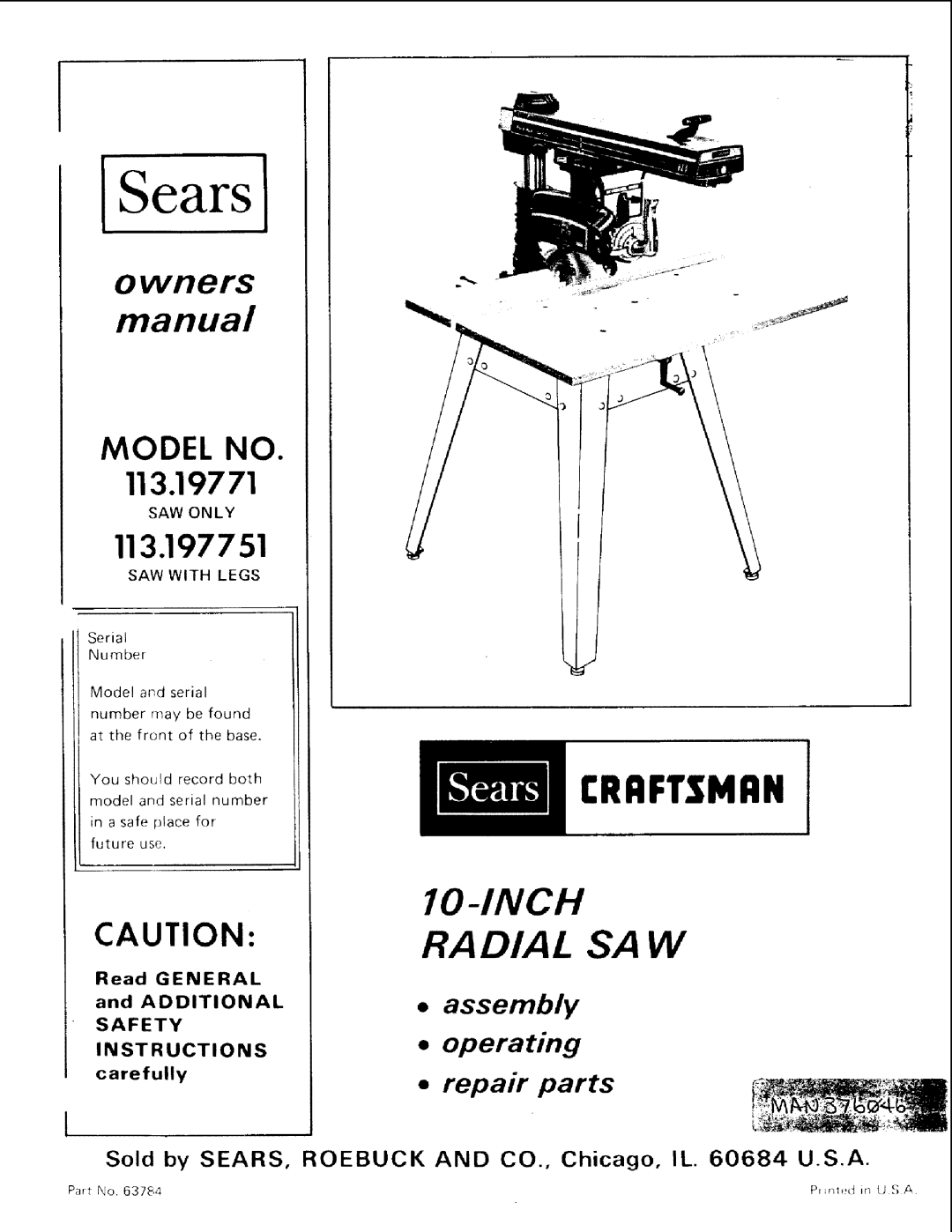 Sears 113.19771 owner manual Sears, SAW only 