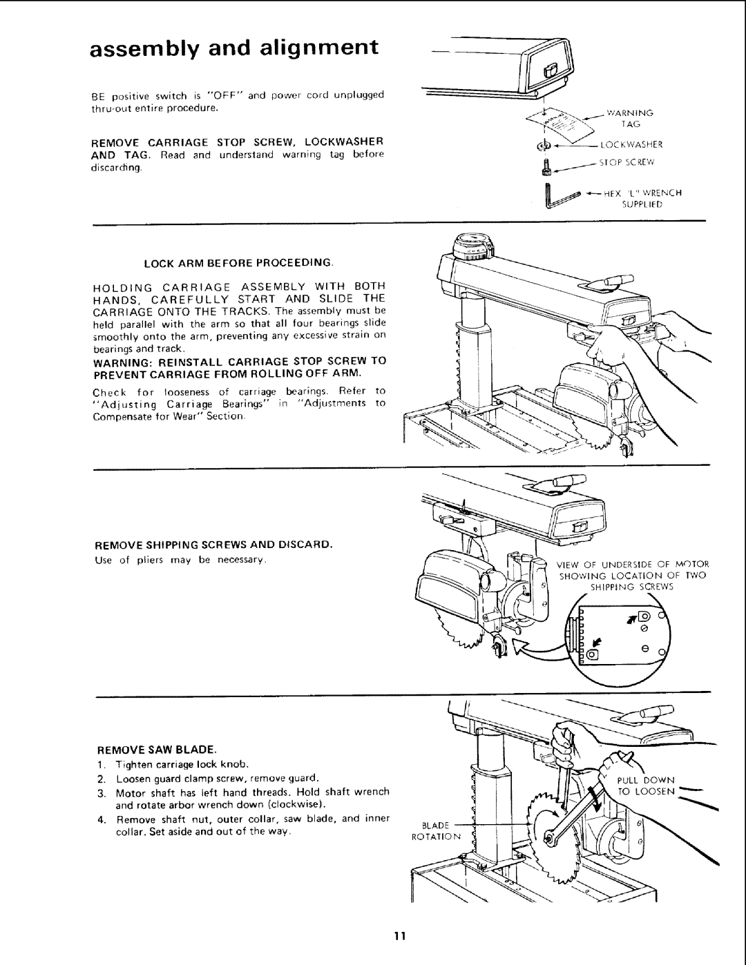 Sears 113.19771 owner manual Assembly and alignment, Lock ARM Before Proceeding, Remove Shipping Screws and Discard 