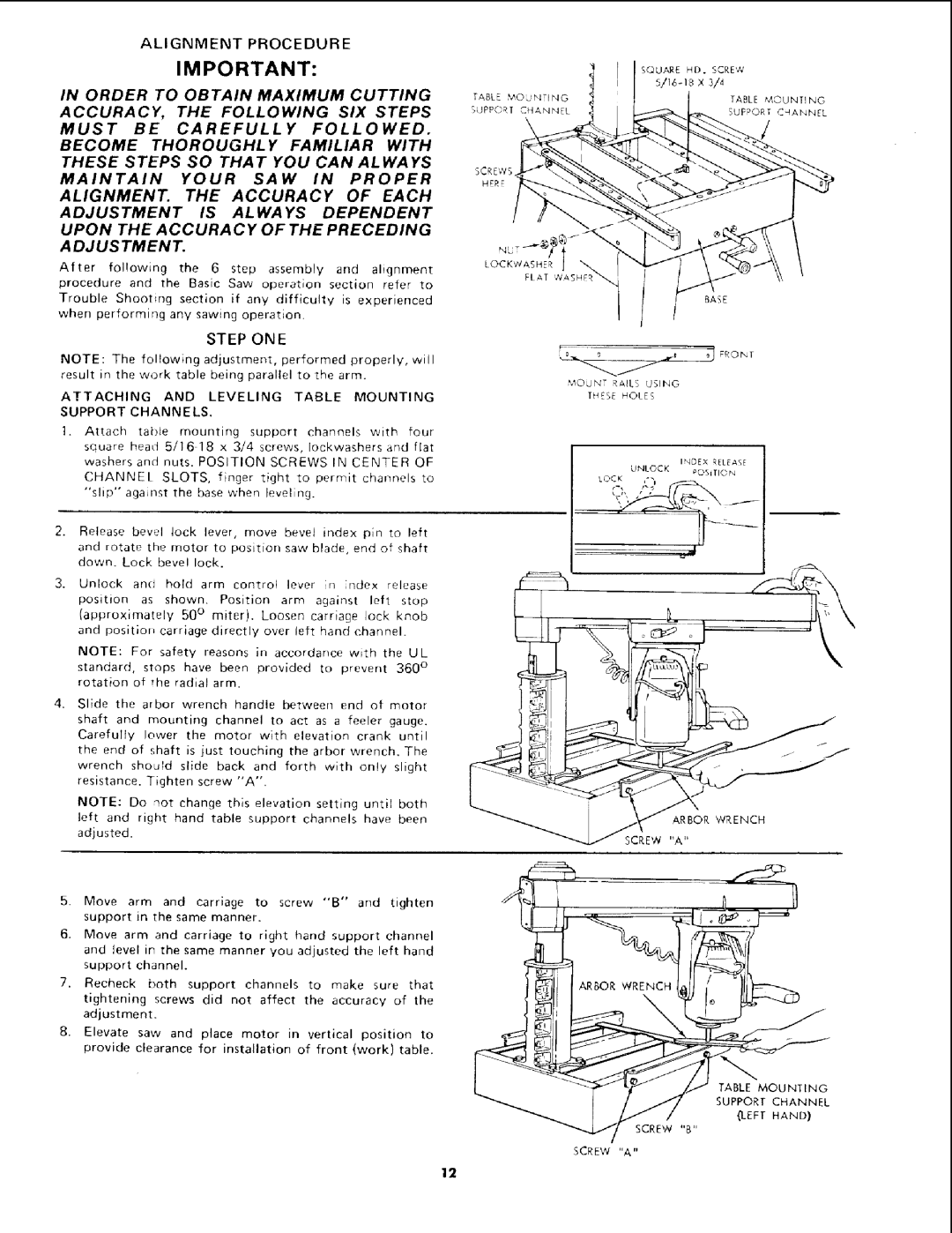 Sears 113.19771 Alignment Procedure, Step ONE, Attaching and Leveling Table Mounting Support Channels, Screw Screw a 