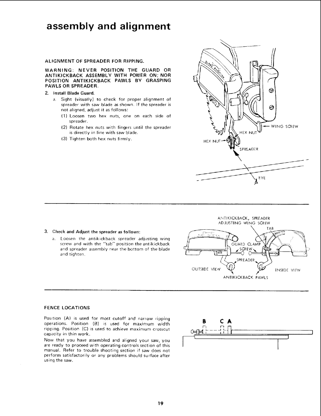 Sears 113.19771 owner manual Install Blade Guard, Fence Locations 