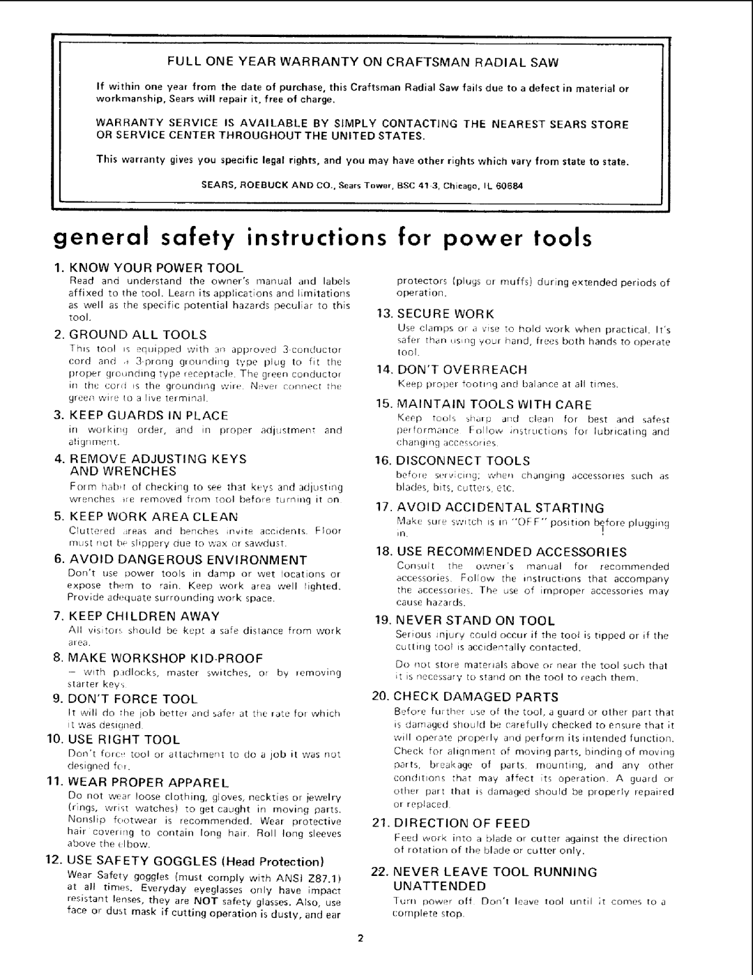 Sears 113.19771 Full ONE Year Warranty on Craftsman Radial SAW, Know Your Power Tool, Ground ALL Tools, Keep Children Away 