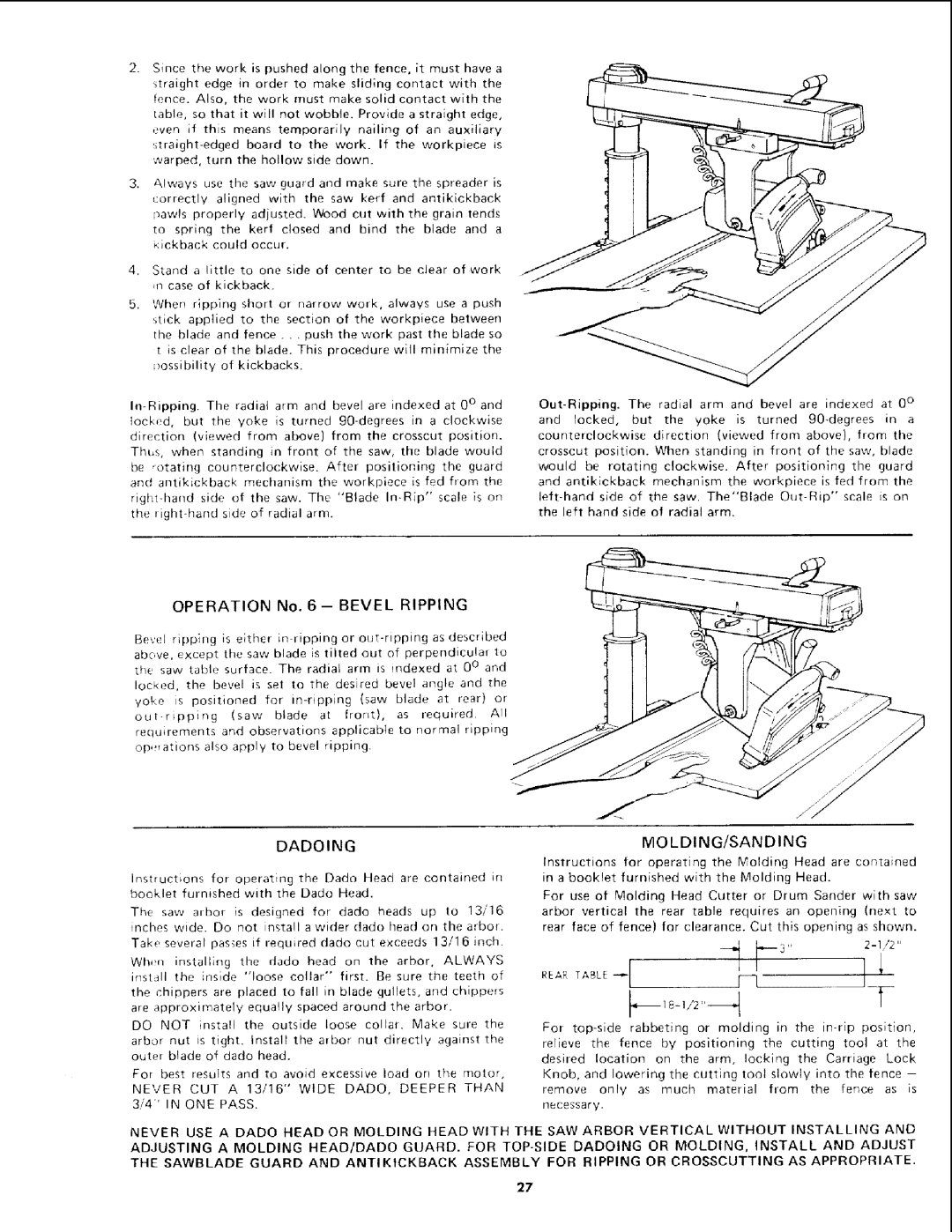 Sears 113.19771 owner manual Operation No Bevel Ripping, Dadoing MOLDING/SANDING 