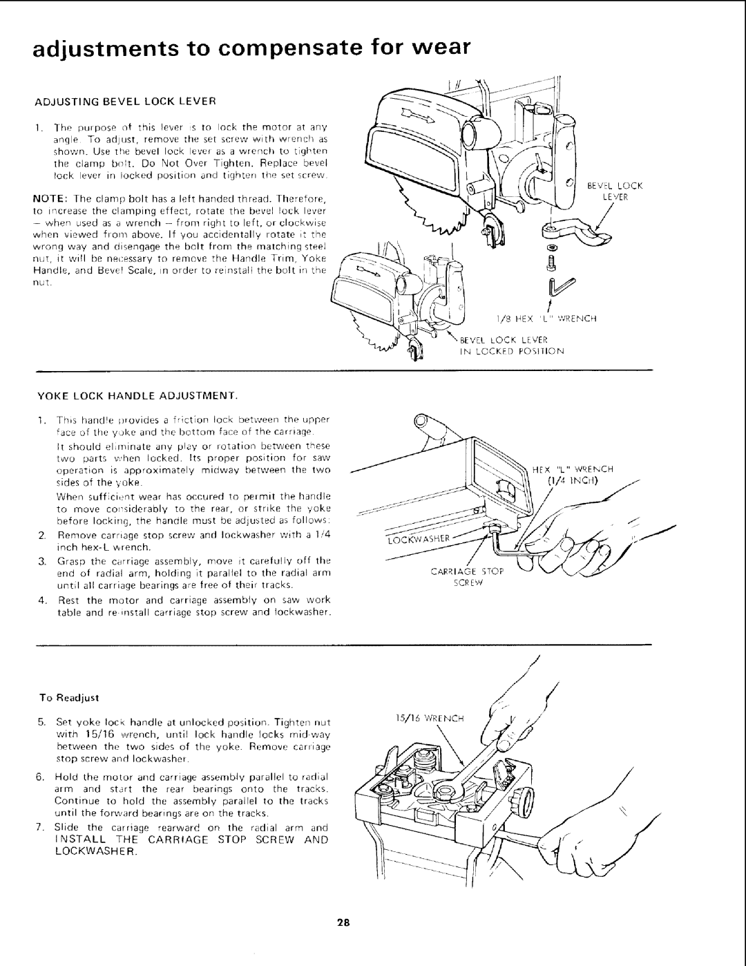 Sears 113.19771 Adjustments to compensate for wear, Fl/4 Inch, Adjusting Bevel Lock Lever, Yoke Lock Handle Adjustment 