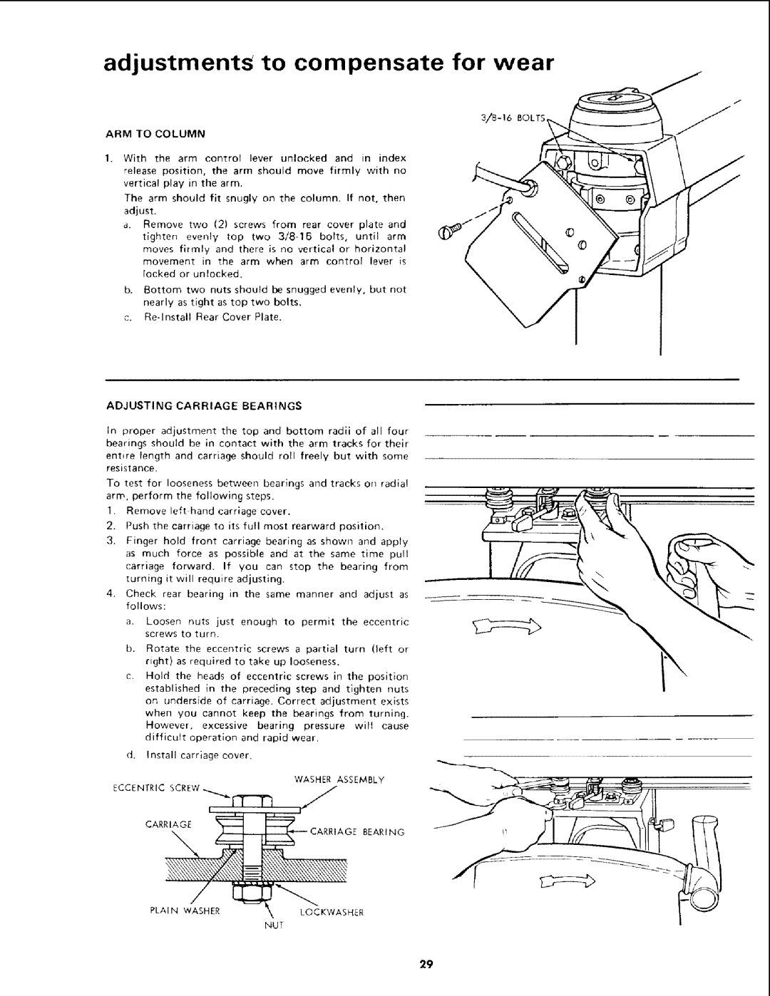 Sears 113.19771 owner manual Adjusting Carriage Bearings, ARM to Column 