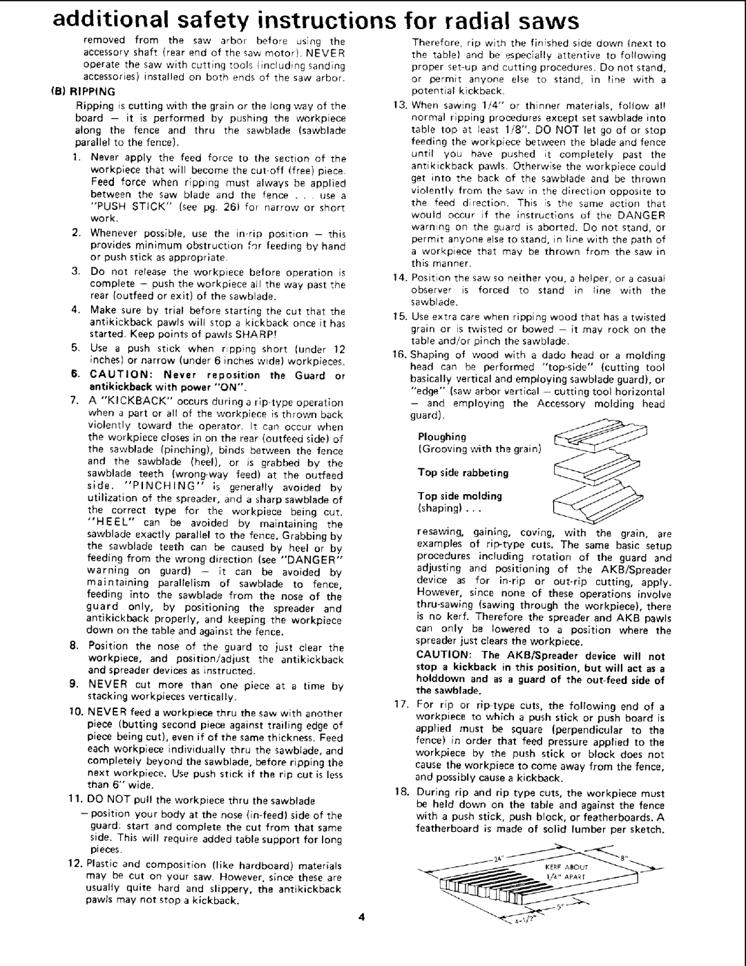 Sears 113.19771 owner manual Ripping, Reposition, Antikickback With Power, Ploughing, Top side rabbeting Top side molding 