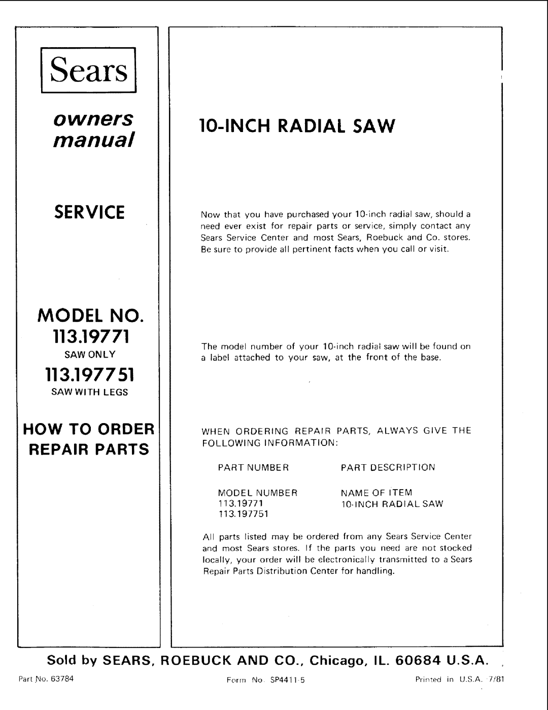 Sears 113.19771 owner manual SAW on LY, SAW with Legs, Inch Radial SAW, 113.197751 